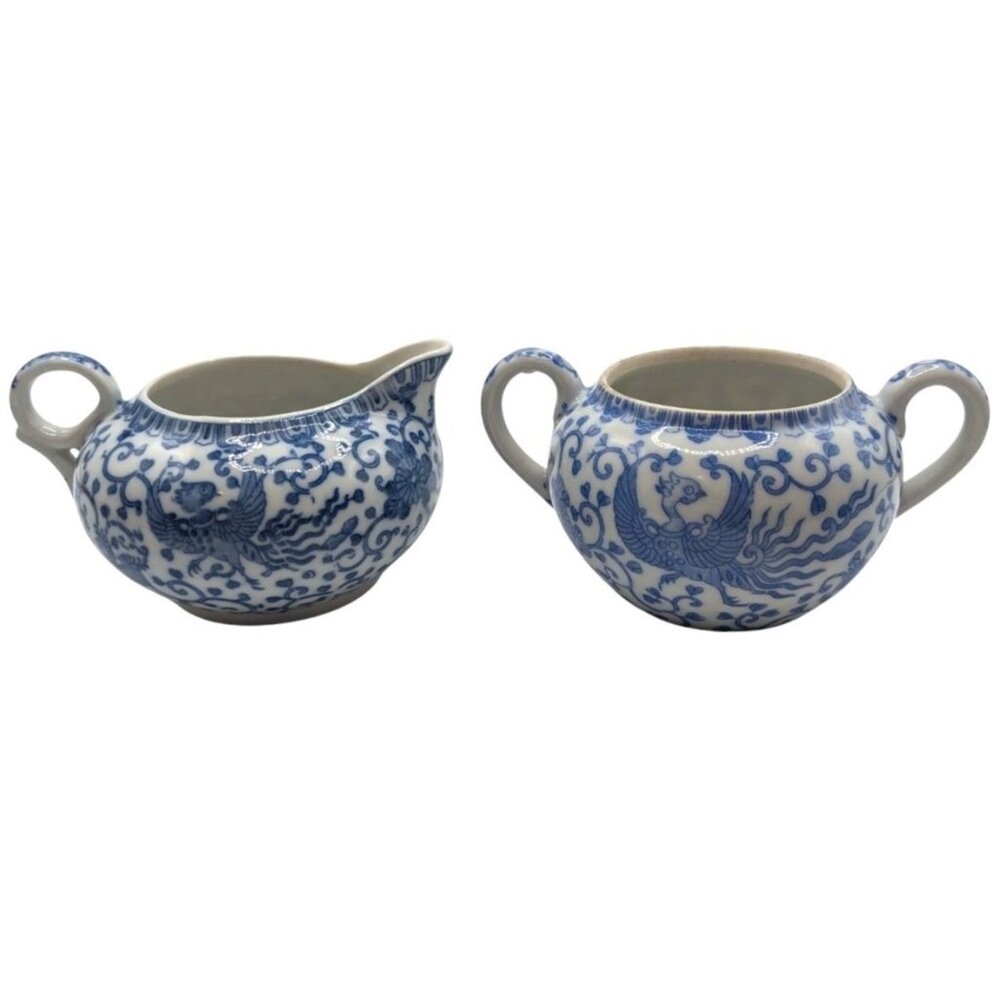 Antique 1921 Noritake Creamer - Phoenix Pattern Blue White & Vtg Japan Sugar mis